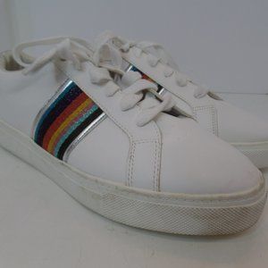 True Time White Lace Up Athletic Shoes With Bold Stripping & Silver Accents S 10